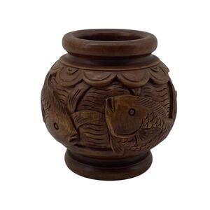 Vintage Hand Carved Solid Wooden Fish Indonesian Bali Style Vase Boho
